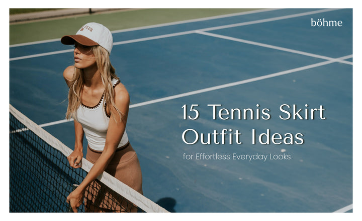 Tan tennis skirt styled with a white ribbed tank top and white baseball cap on a tennis court