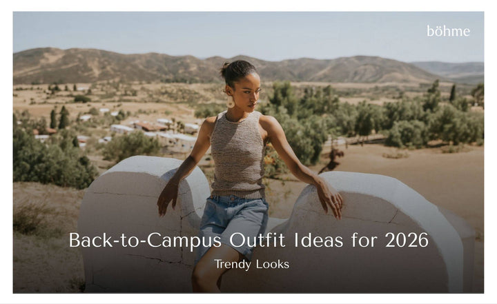 Woman wearing a sleeveless knit top and jeans in a desert landscape back-to-campus outfit ideas for 2026