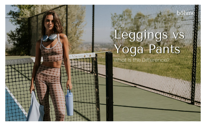 Woman in brown and cream printed high-waist leggings and matching sports bra set on a tennis court