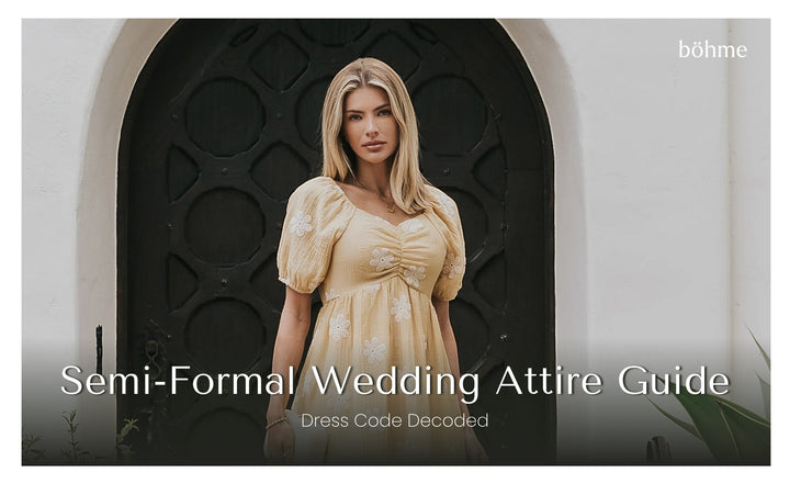Woman in a yellow floral appliqué puff sleeve dress standing in an arched doorway