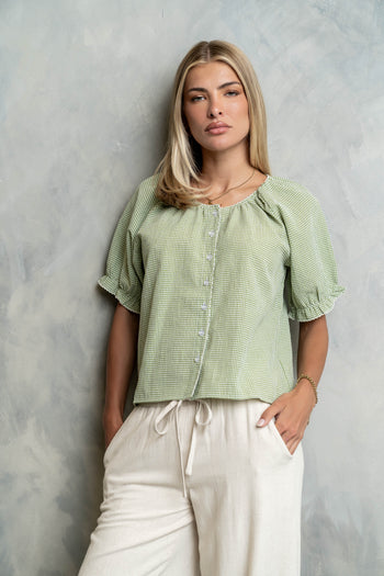 Benny Gingham Blouse in Green - FINAL SALE