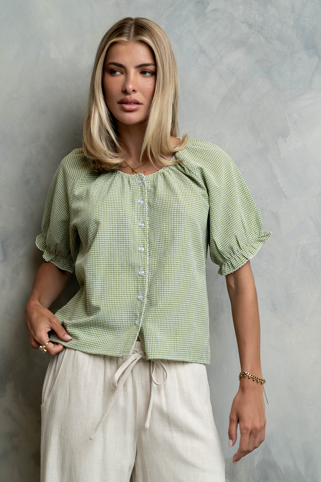 Benny Gingham Blouse in Green - FINAL SALE