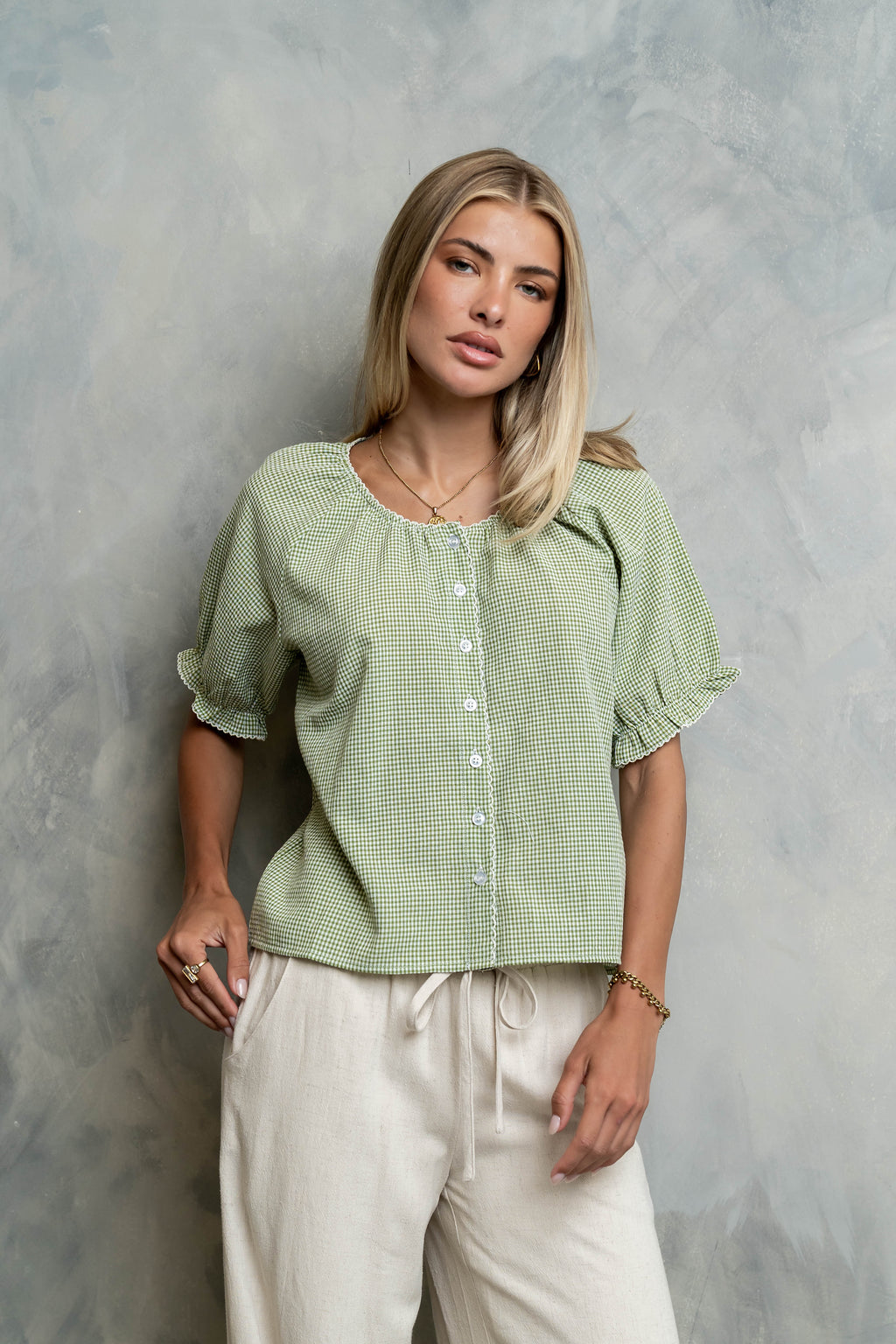 Benny Gingham Blouse in Green - FINAL SALE
