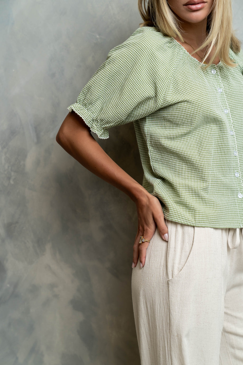 Benny Gingham Blouse in Green - FINAL SALE