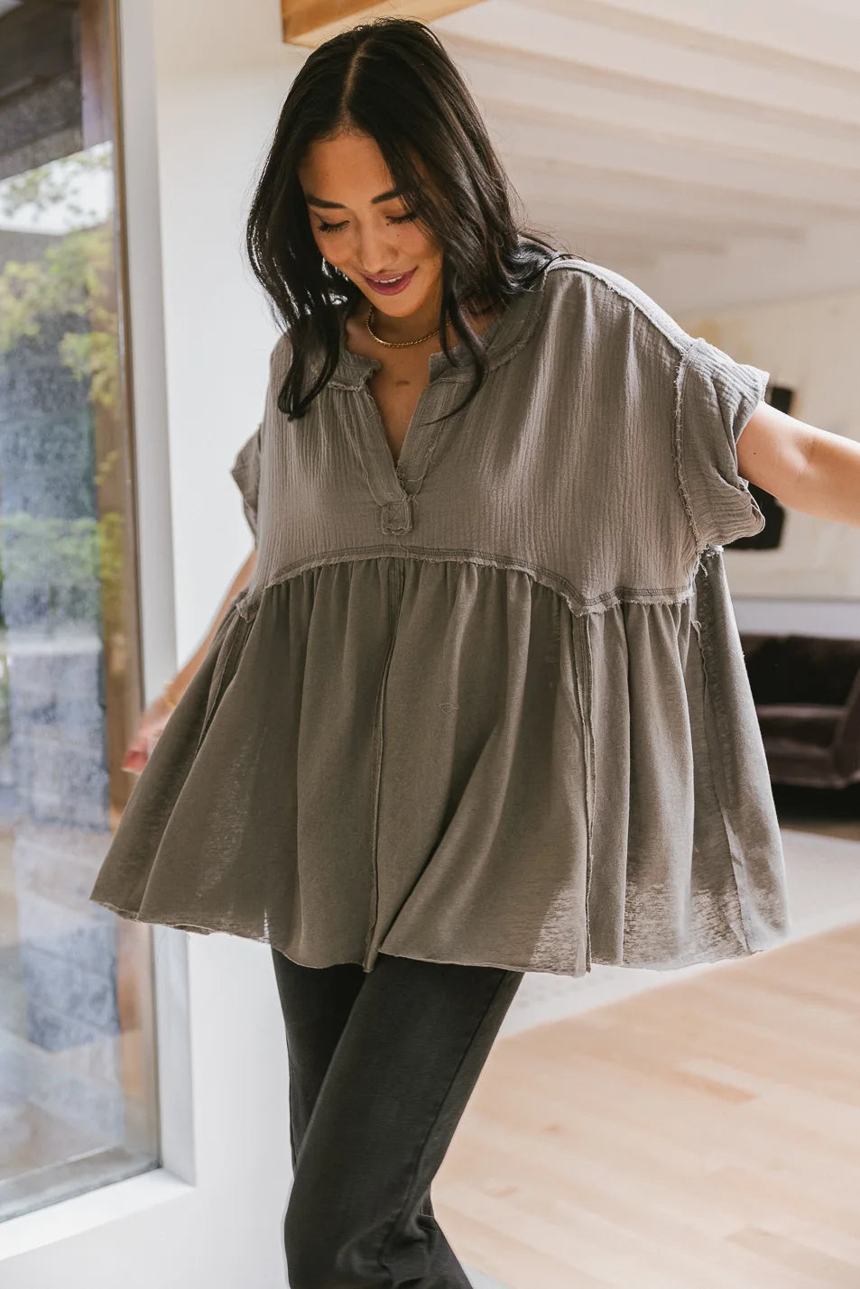 Knit flowy dress top in sage 