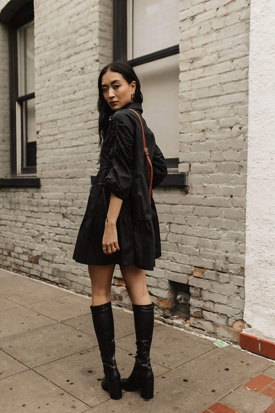 Ruched and tie detailed sleeves button up dress in black 