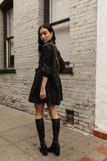Ruched and tie detailed sleeves button up dress in black 