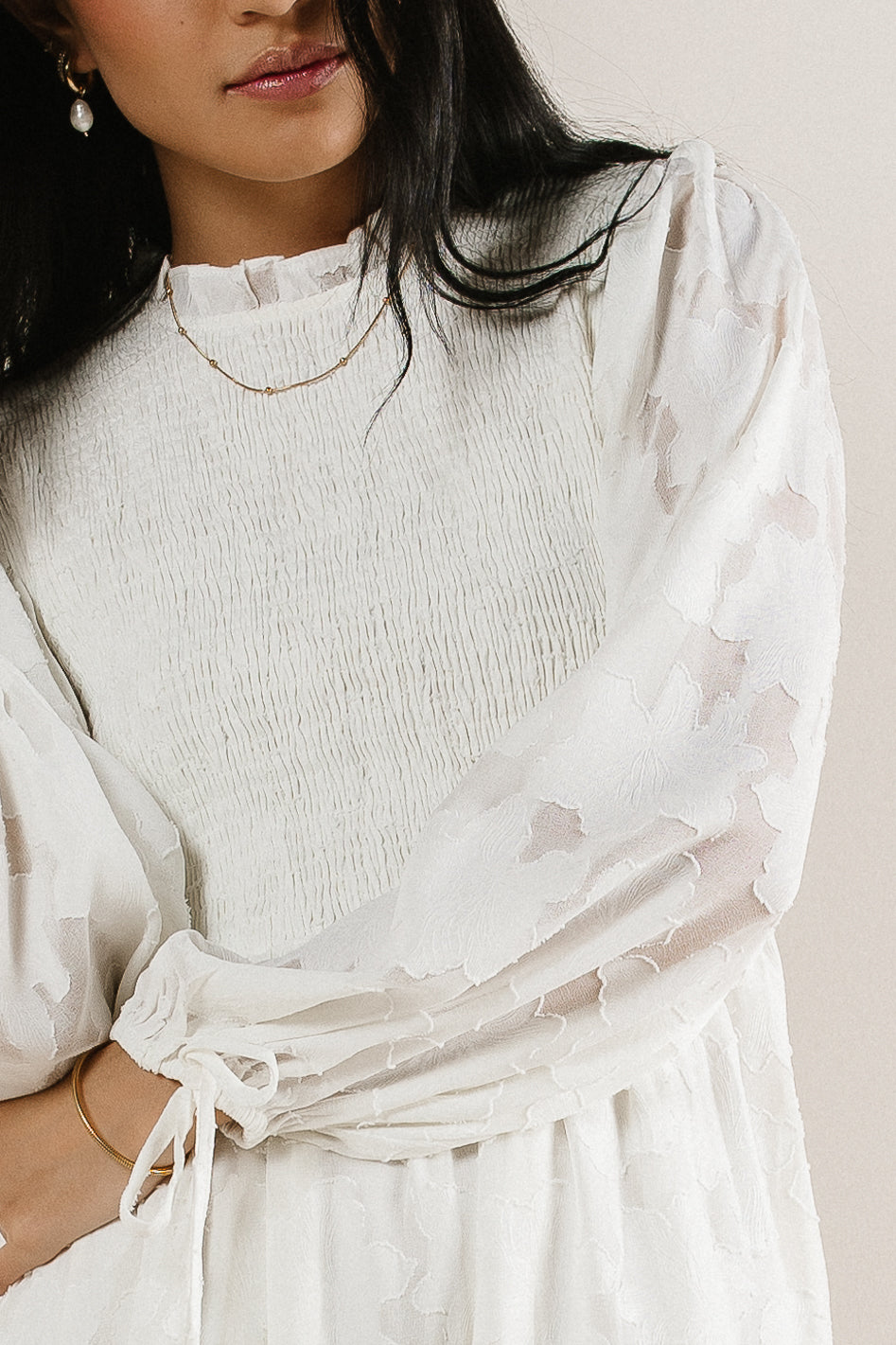 smocked dress with lace sleeve