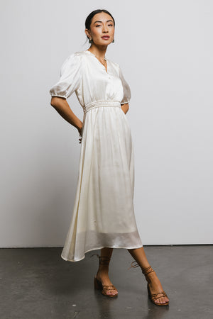 V-Neck Satin Midi Dress in Cream