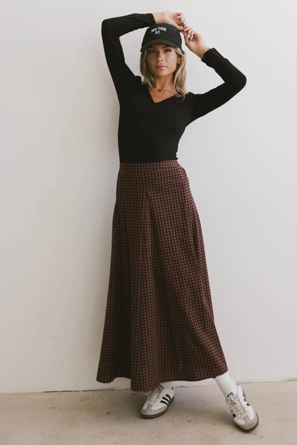Maxi gingham skirt in burgundy 