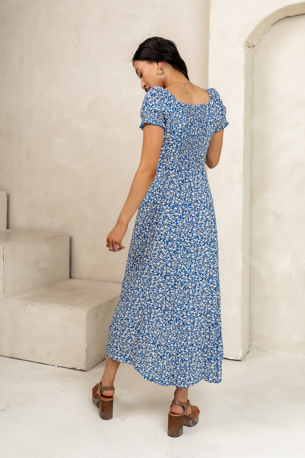 short sleeve floral blue dress 