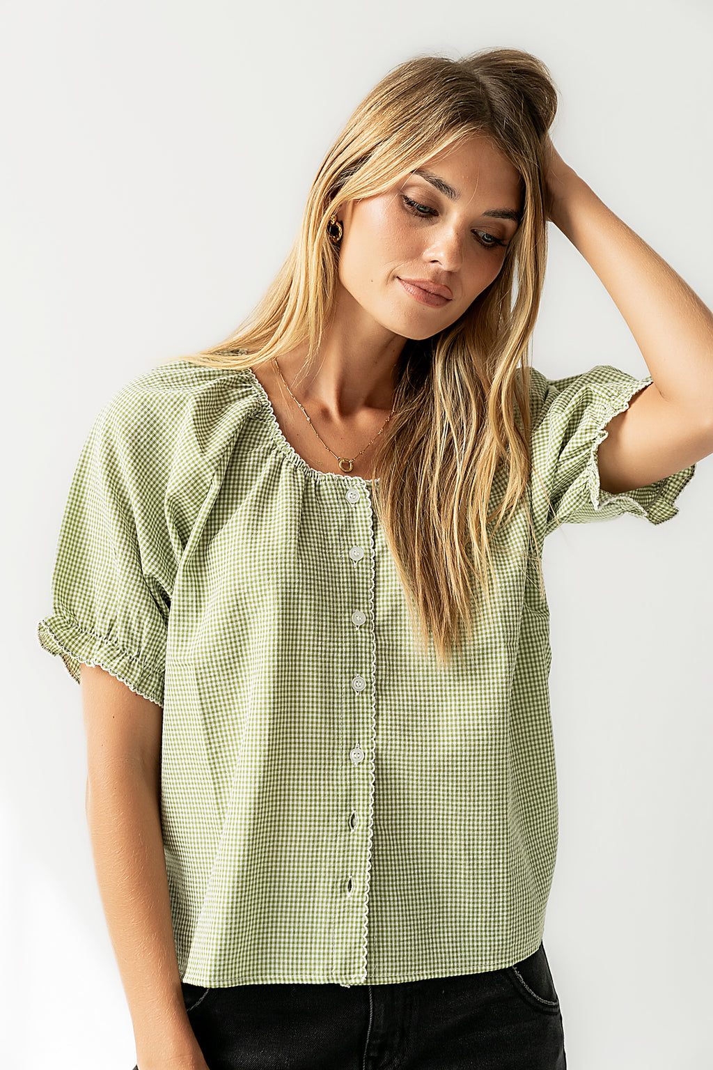 Benny Gingham Blouse in Green - FINAL SALE