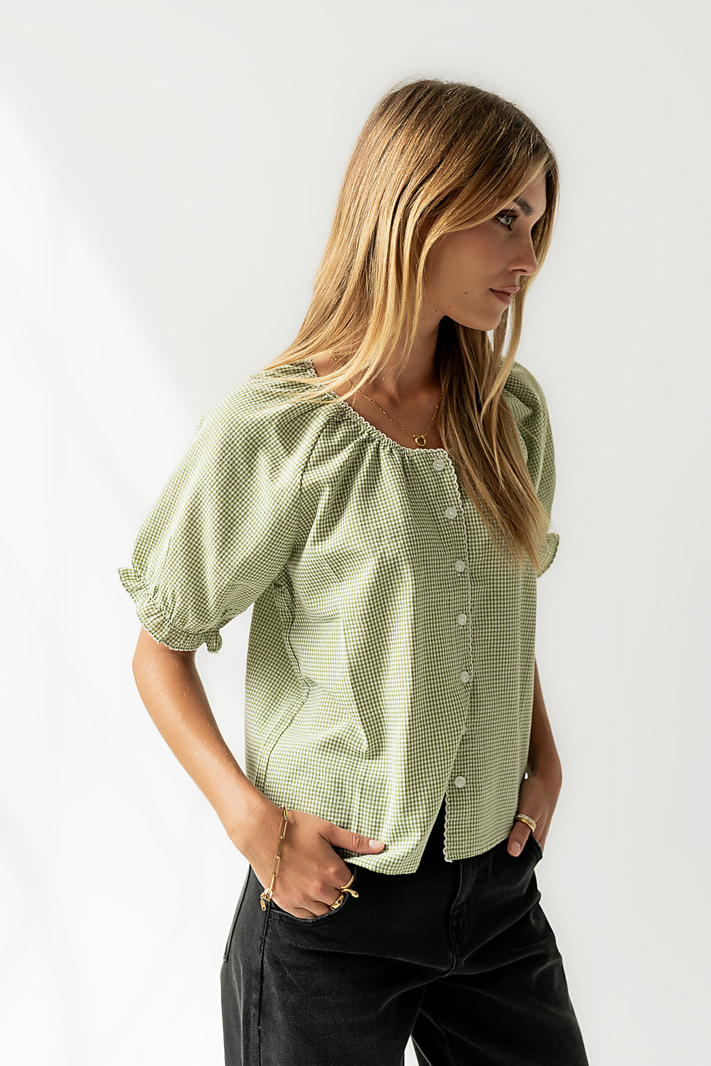 Benny Gingham Blouse in Green - FINAL SALE