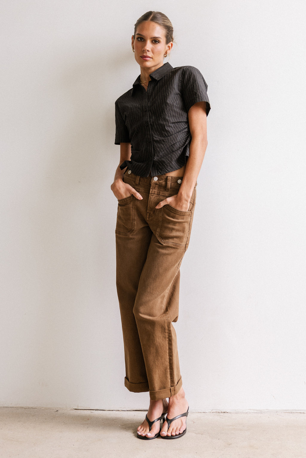 Brandy Ruched Button Up in Black - FINAL SALE