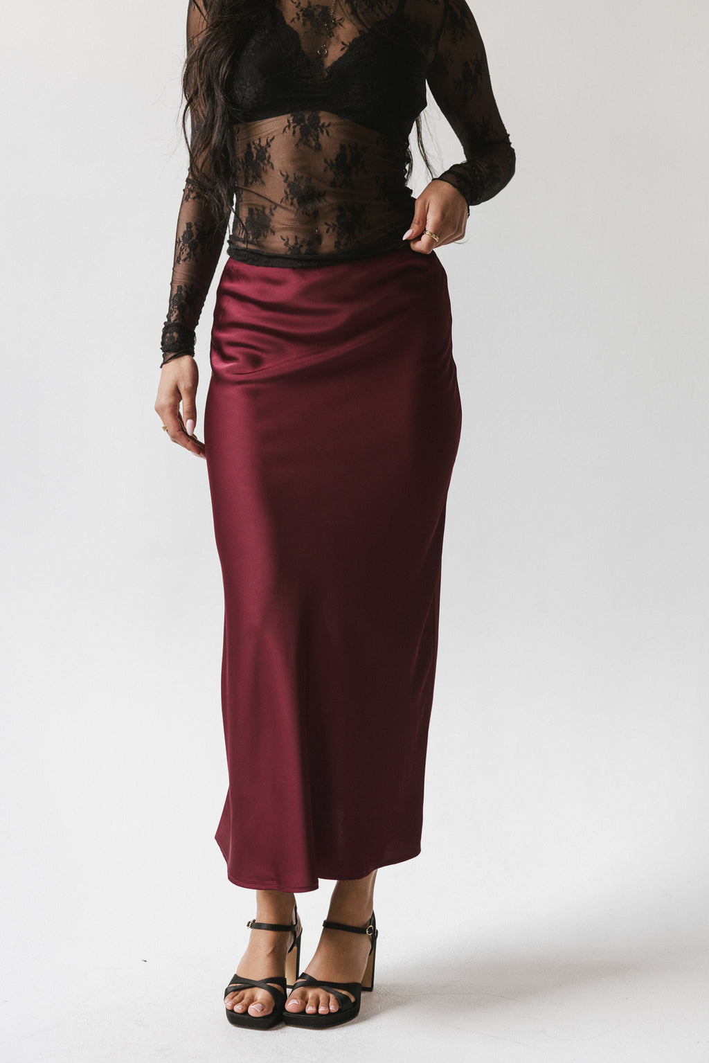 Tory Satin Maxi Skirt in Burgundy