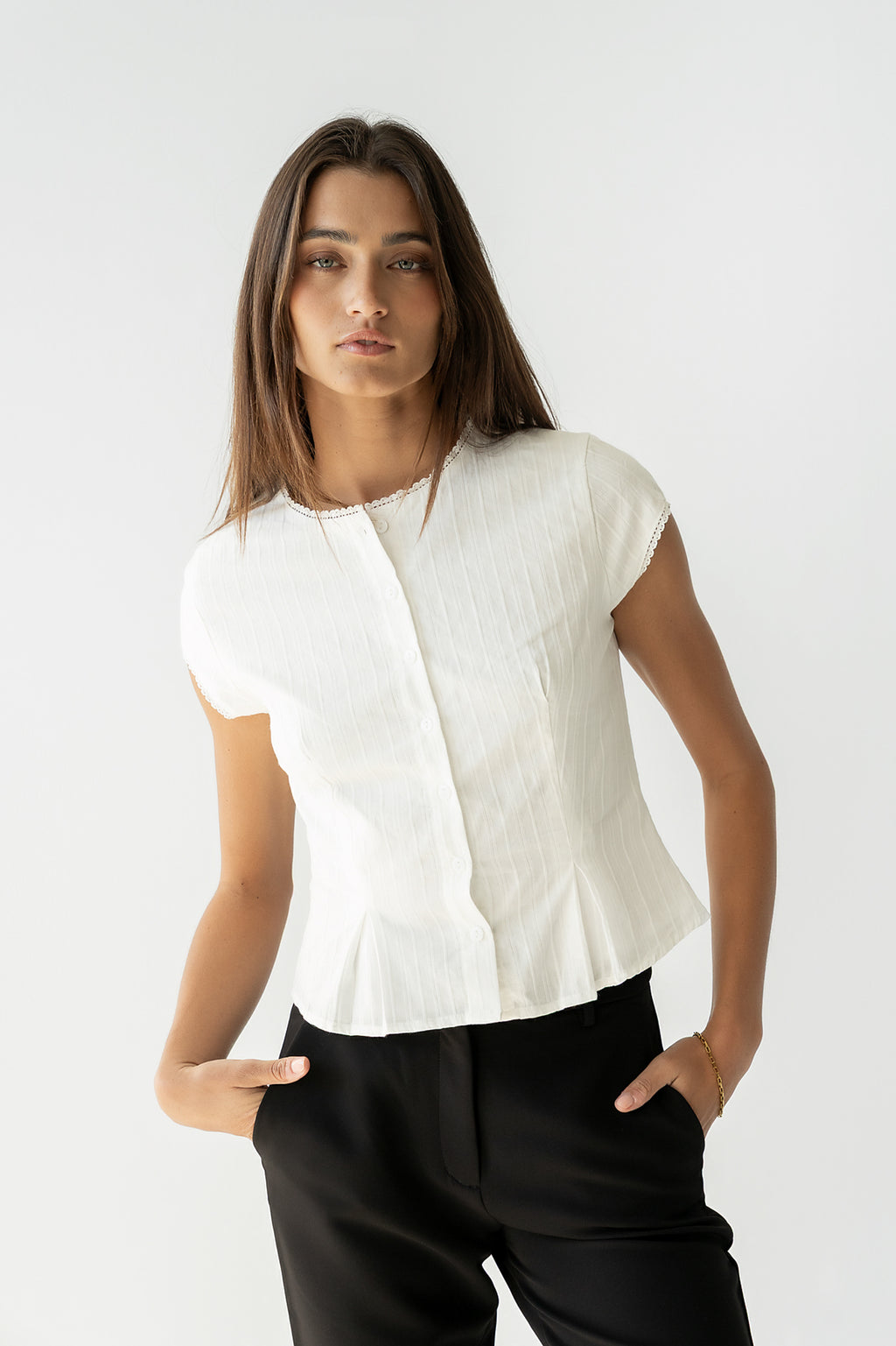Rumi Button Front Blouse in White - FINAL SALE