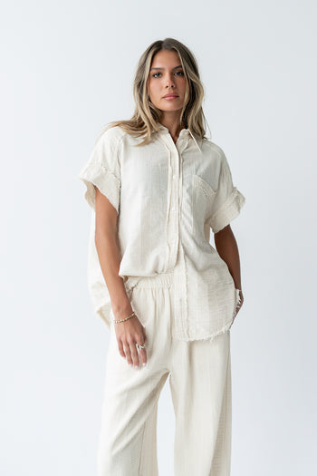 Belen Striped Button Up in Taupe - FINAL SALE