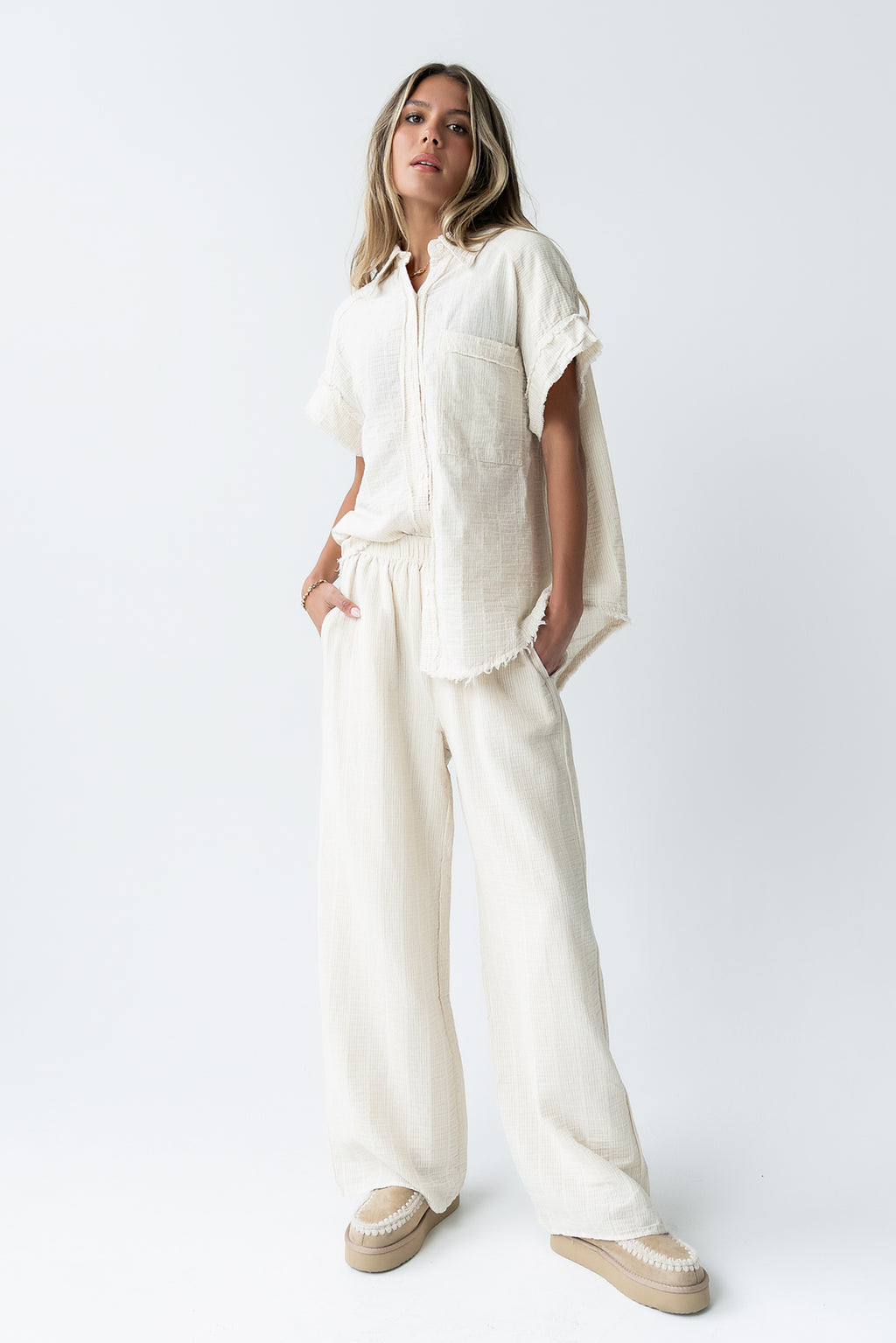 Belen Striped Button Up in Taupe - FINAL SALE