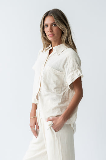 Belen Striped Button Up in Taupe - FINAL SALE