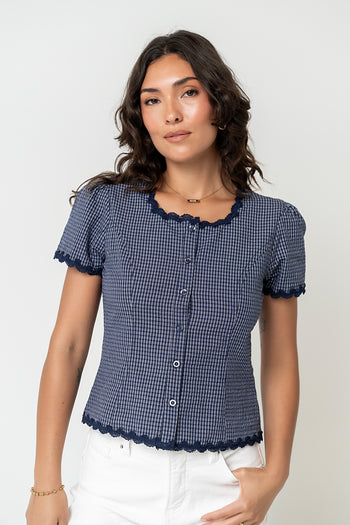 Serra Lace Trim Blouse in Navy - FINAL SALE