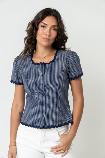 Serra Lace Trim Blouse in Navy - FINAL SALE
