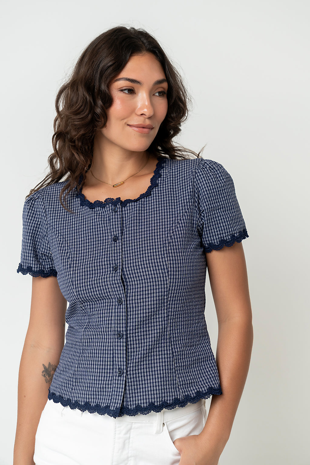 Serra Lace Trim Blouse in Navy - FINAL SALE