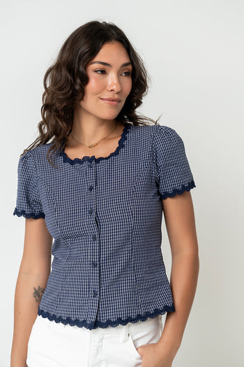 Serra Lace Trim Blouse in Navy - FINAL SALE
