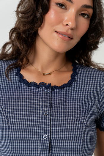 Serra Lace Trim Blouse in Navy - FINAL SALE