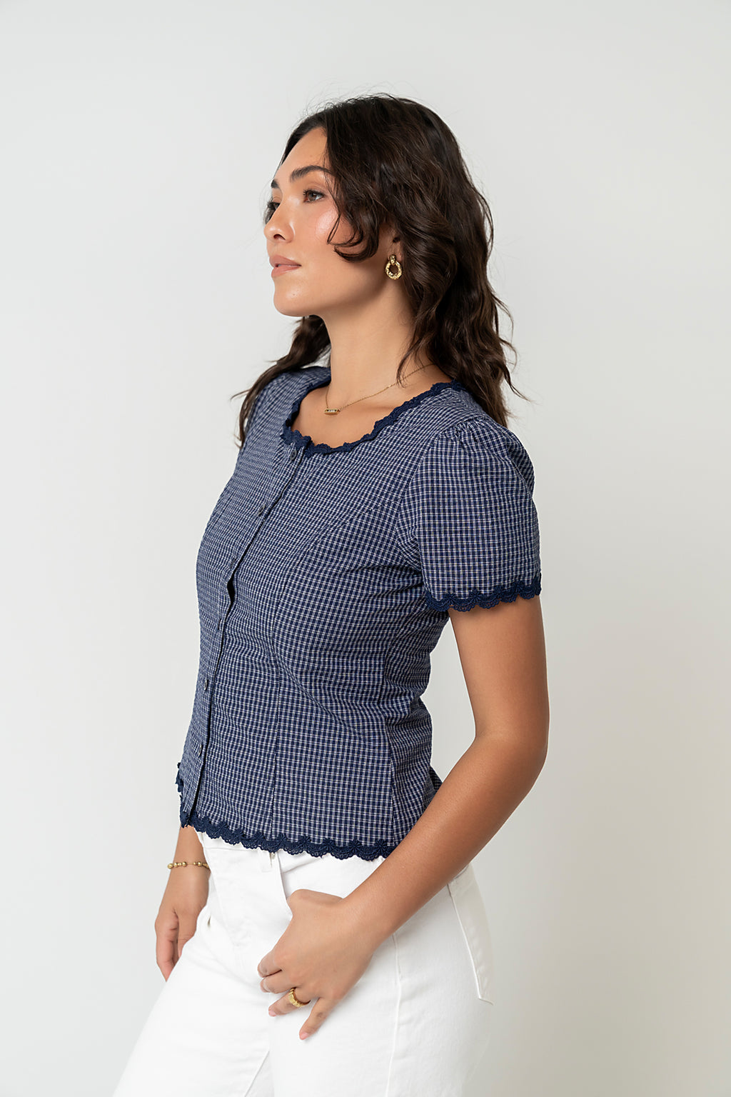 Serra Lace Trim Blouse in Navy - FINAL SALE