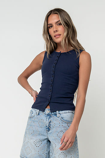 Lucas Button Up Tank Top in Navy