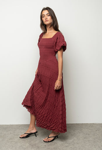 Beckie Smocked Maxi Dress in Burgundy
