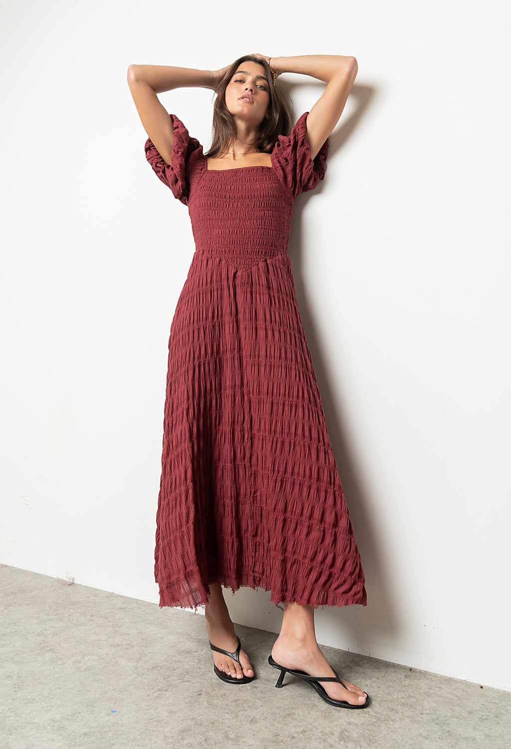 Beckie Smocked Maxi Dress in Burgundy