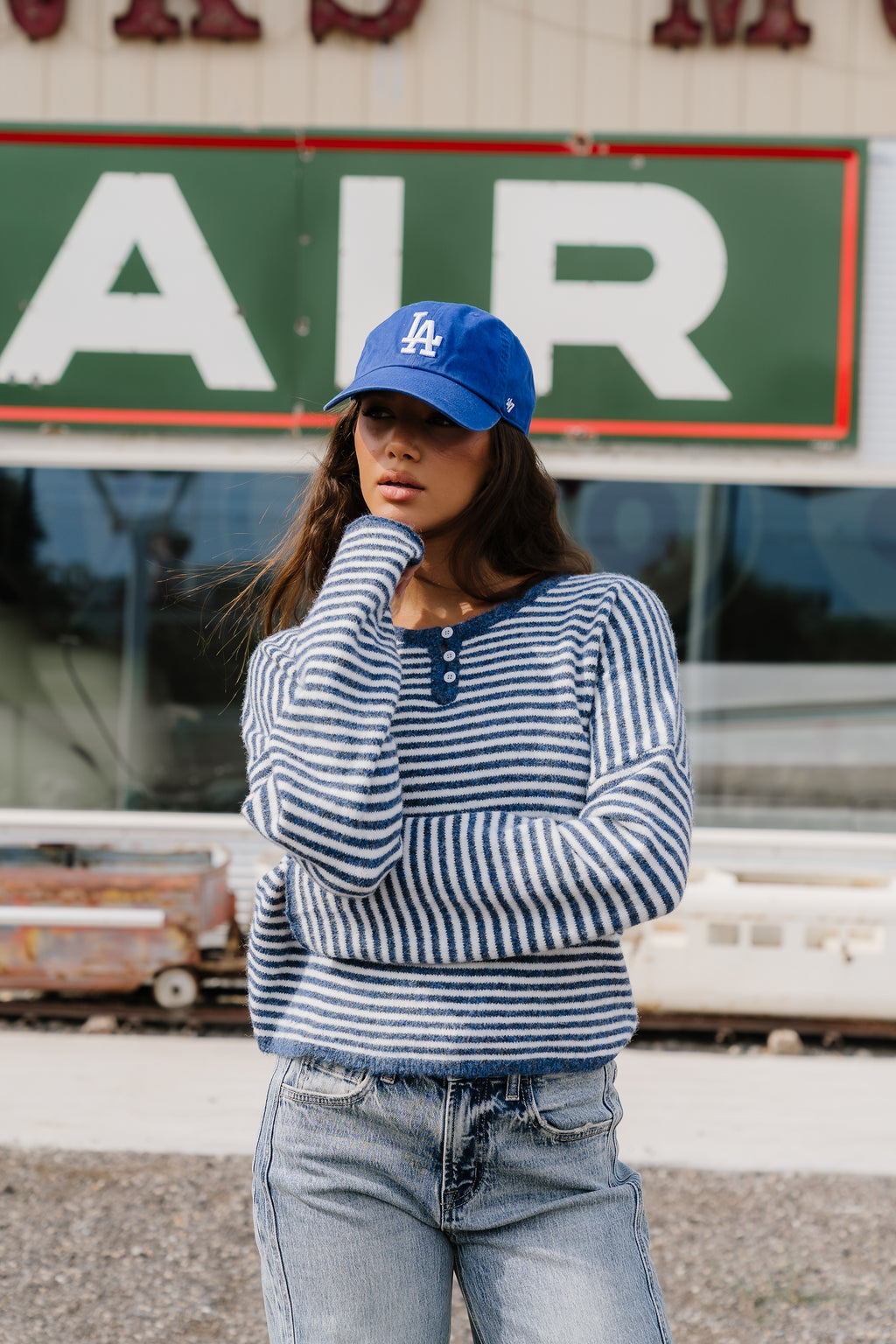 Kinsley Oversized Striped Sweater in Blue