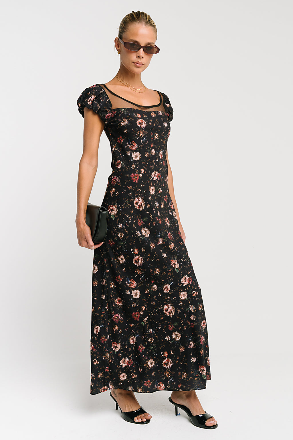 Ellie Mesh Floral Maxi Dress in Black