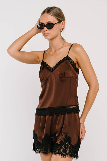 Bricelyn Lace Trim Satin Shorts in Brown
