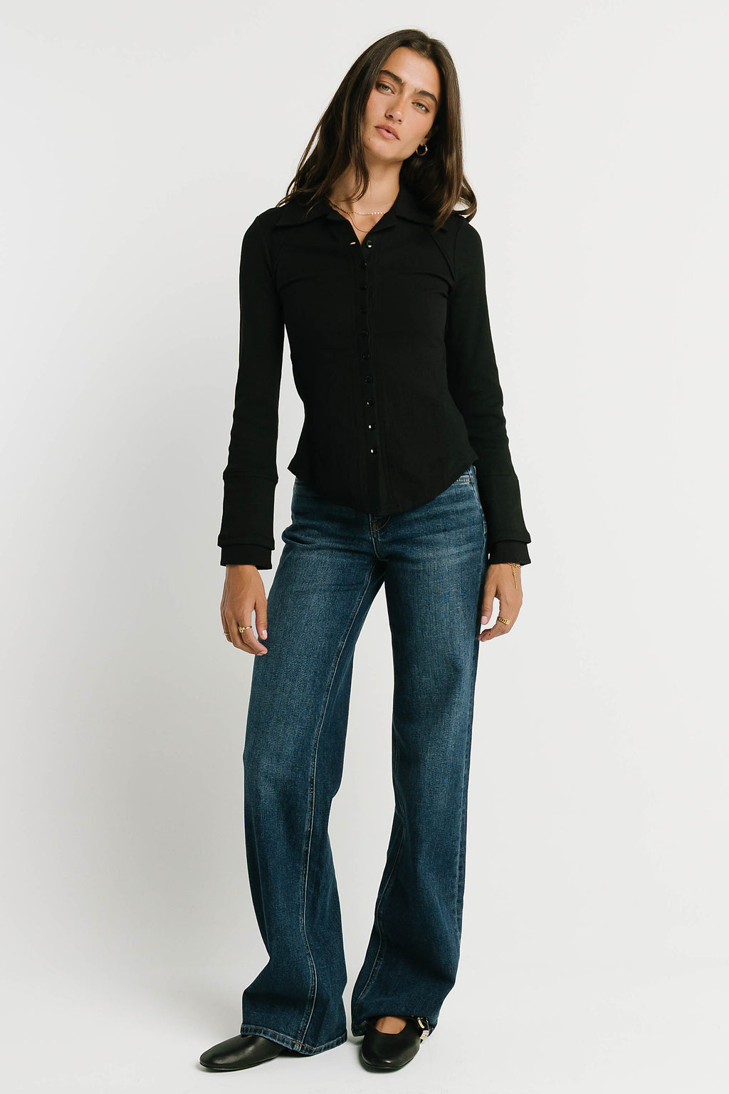 Alisa Mixed Media Button Up in Black