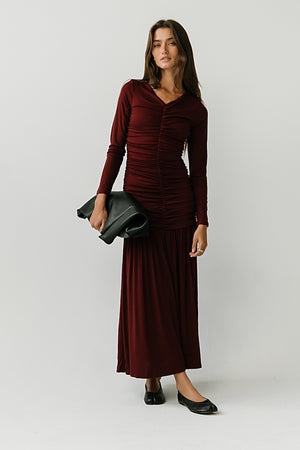 Danna Ruched Maxi Dress in Red-Brown